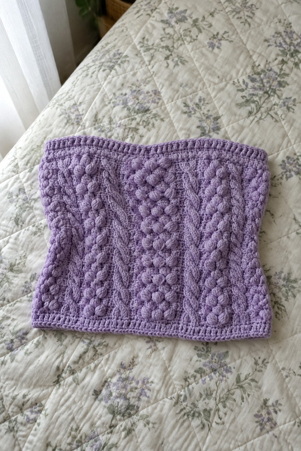 Lavender crocheted cowl with bobble and cable patterns on floral quilted bedspread