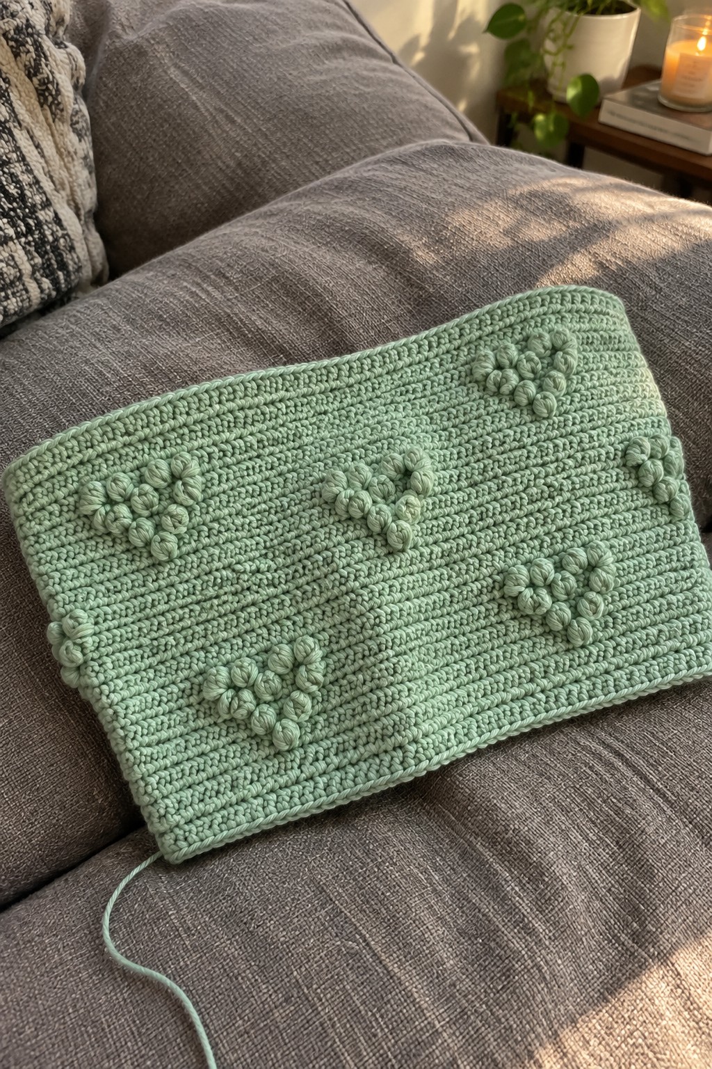 Mint green crocheted blanket with floral motifs on gray couch