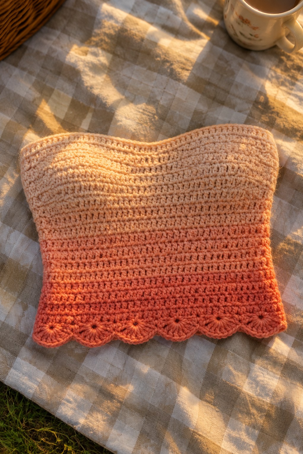 Peach ombre crocheted bandeau top with scalloped edge on checkered blanket