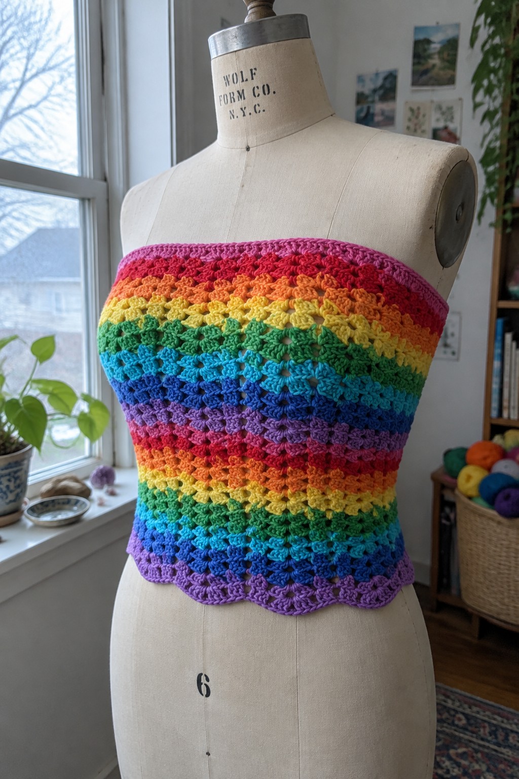 Rainbow crocheted strapless top on a dress form in a sunlit studio