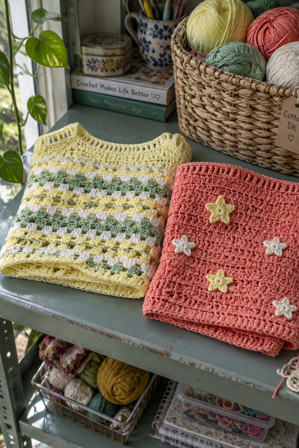 Yellow-green striped crochet top beside coral pink star-appliqued piece on craft table