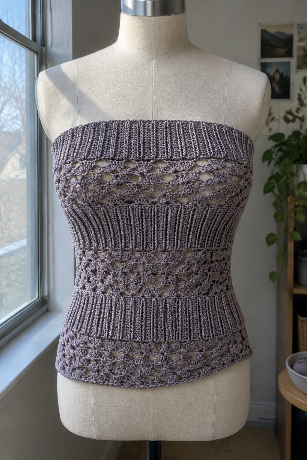Lavender crocheted strapless top with lace panels and ribbed sections on mannequin