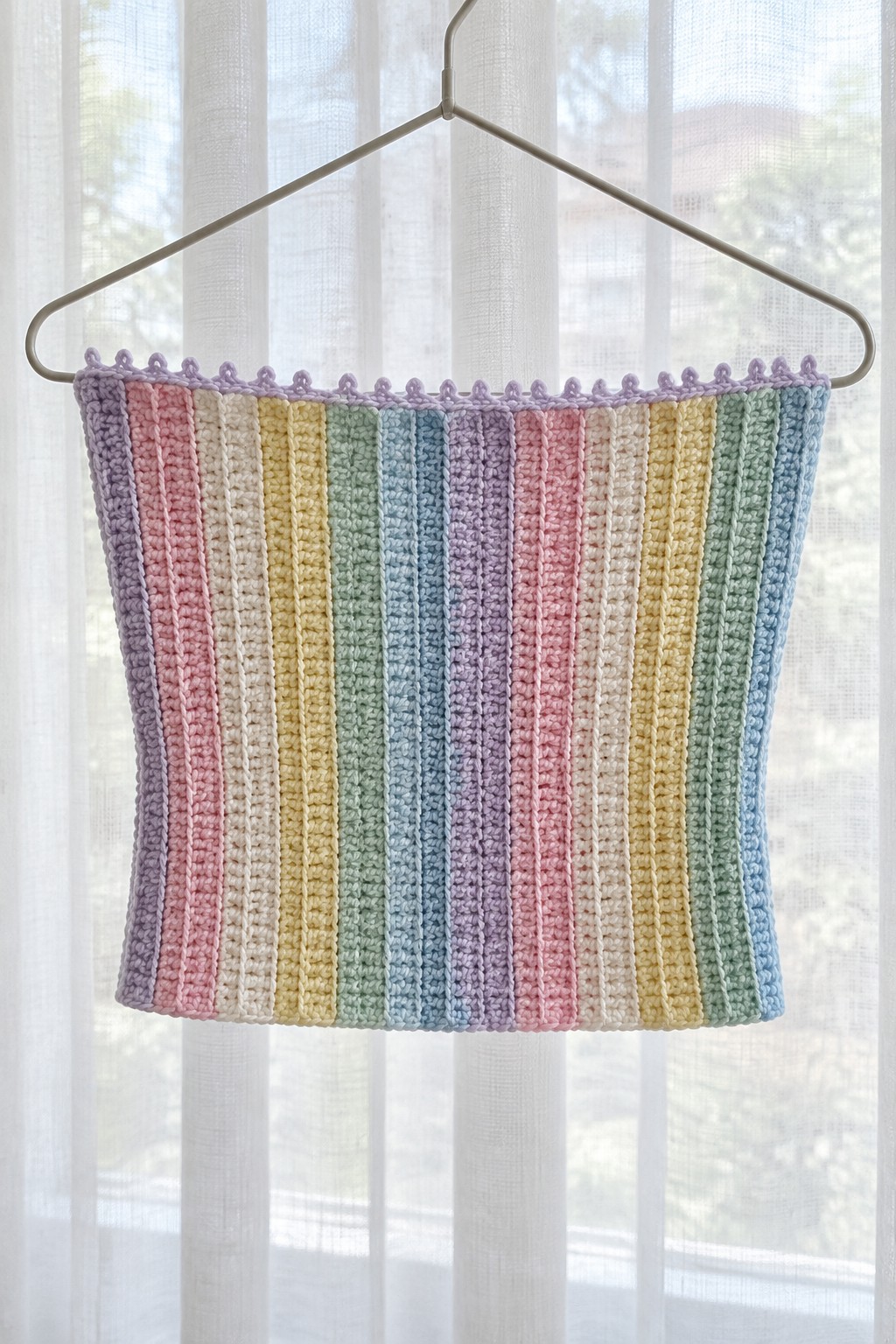 Rainbow striped crocheted crop top hanging on hanger before window curtains