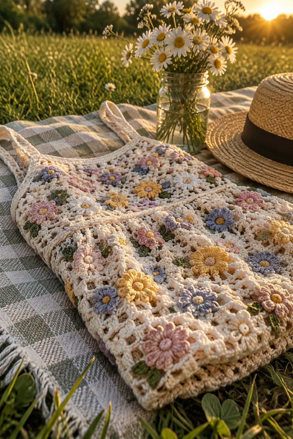 Colorful floral crochet tote on checkered picnic blanket with daisy jar and straw hat.