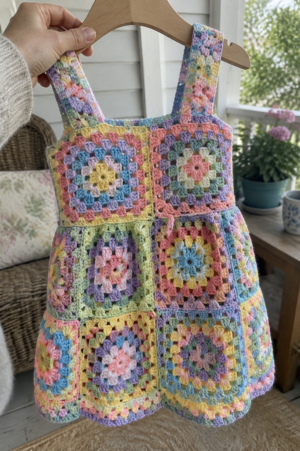Hand holding pastel rainbow granny square crochet dress on wooden hanger