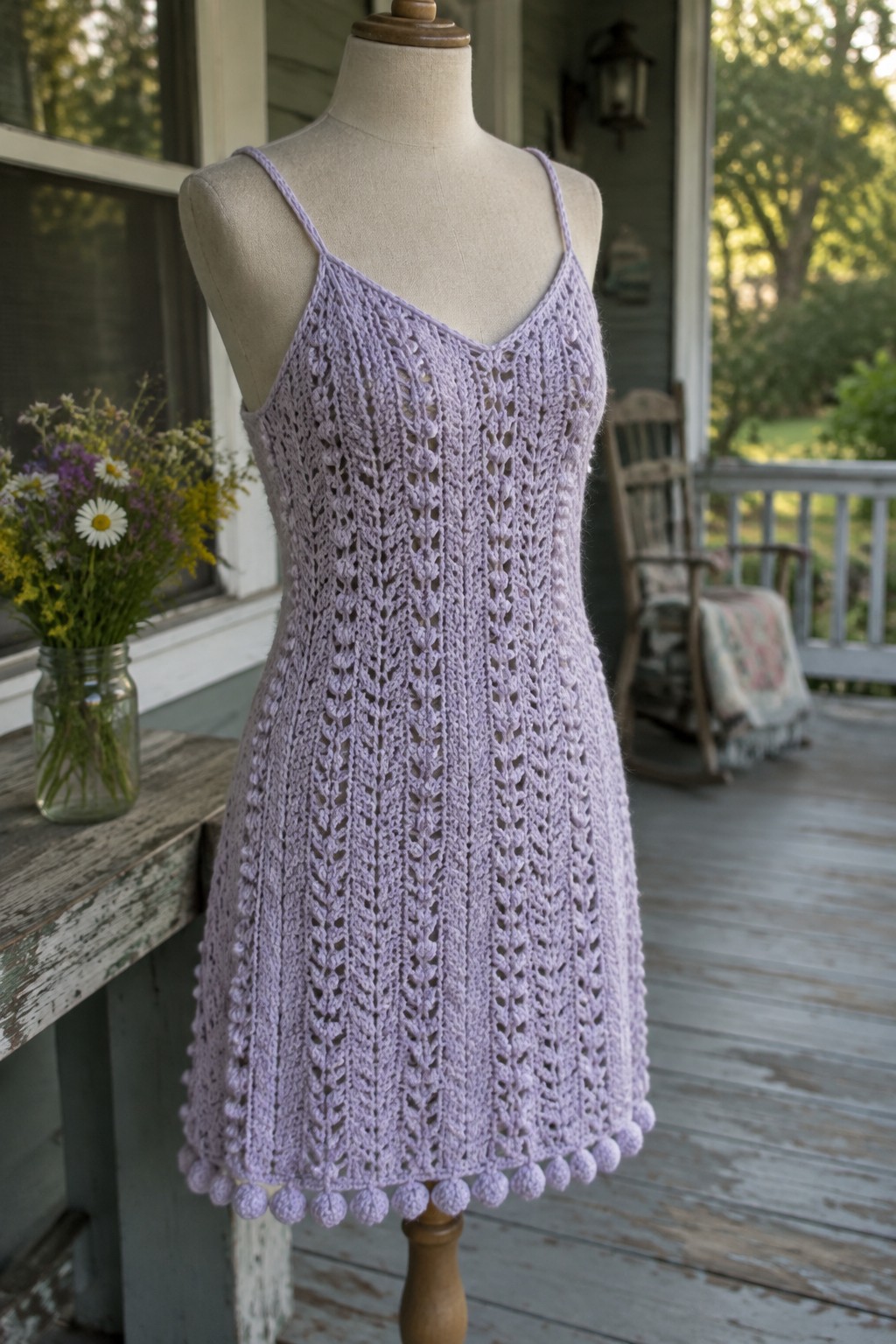 Lavender crocheted sundress with pom-pom hem on mannequin on wooden porch