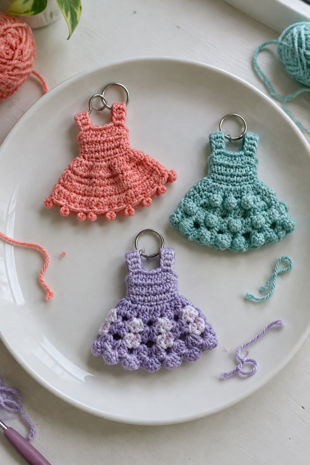 Three colorful crocheted dress keychains on a white plate with yarn balls.
