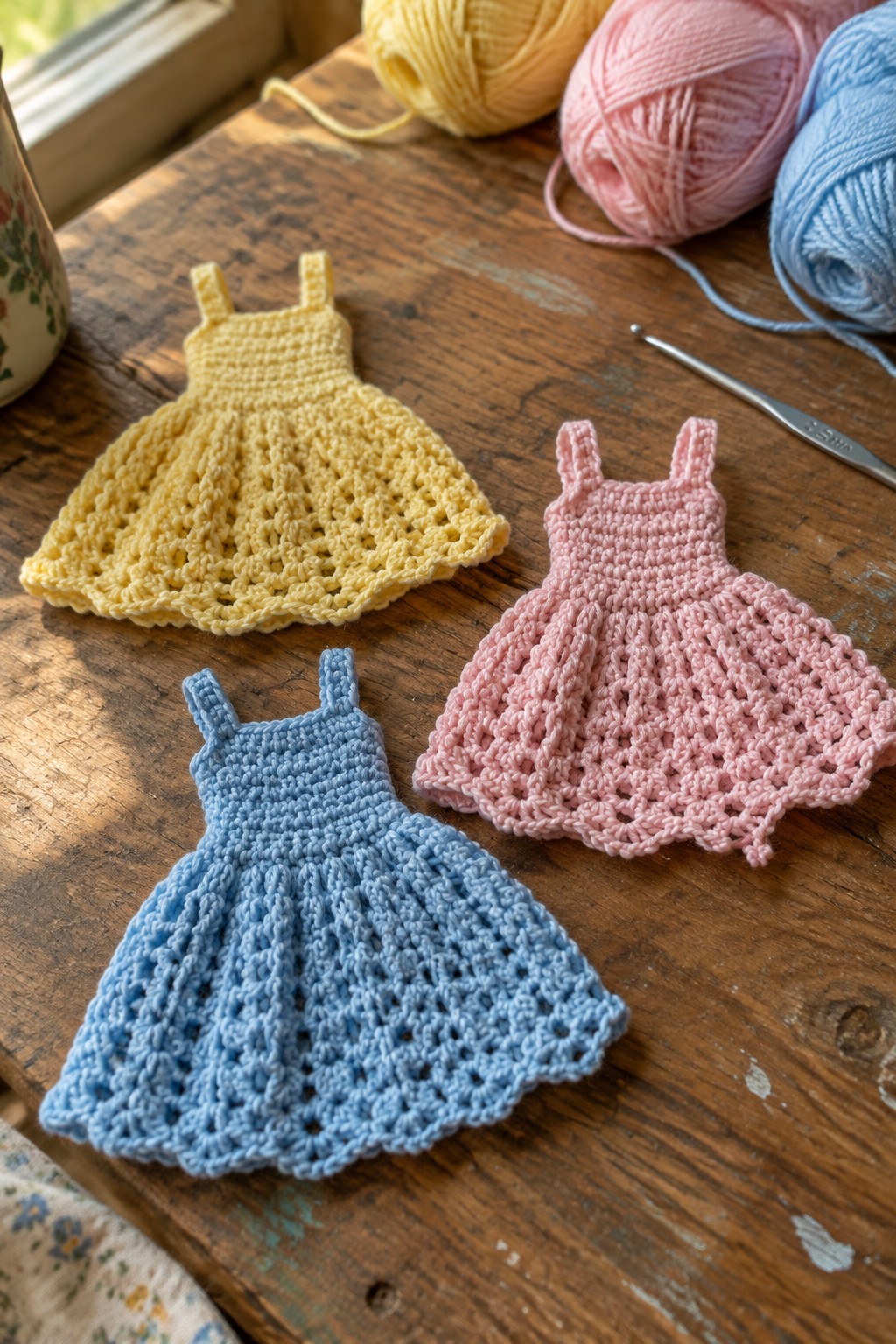 Three pastel crocheted dresses in yellow, pink, and blue with yarn on wood.