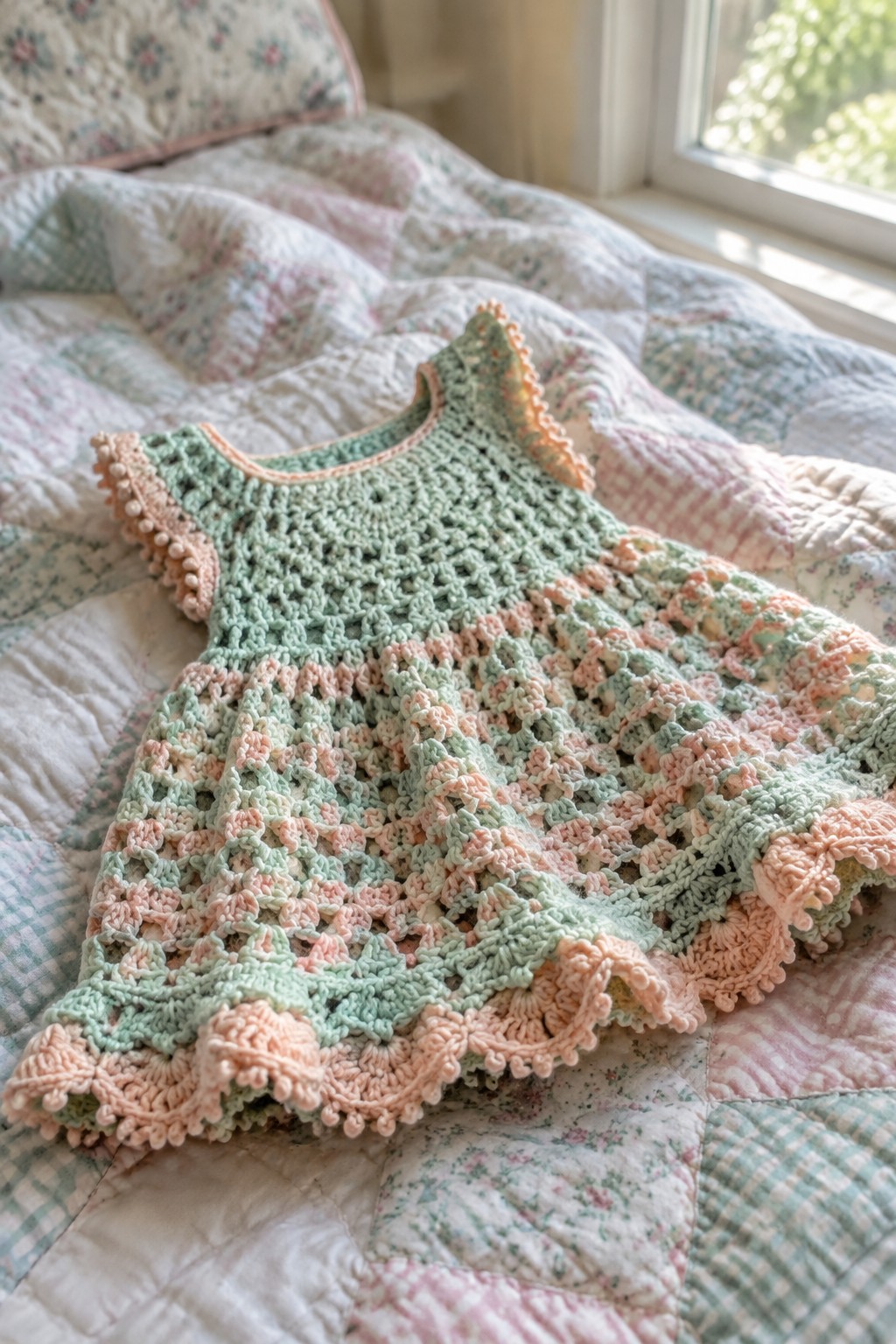 Pastel mint and peach crocheted lace dress with ruffles on floral quilt.