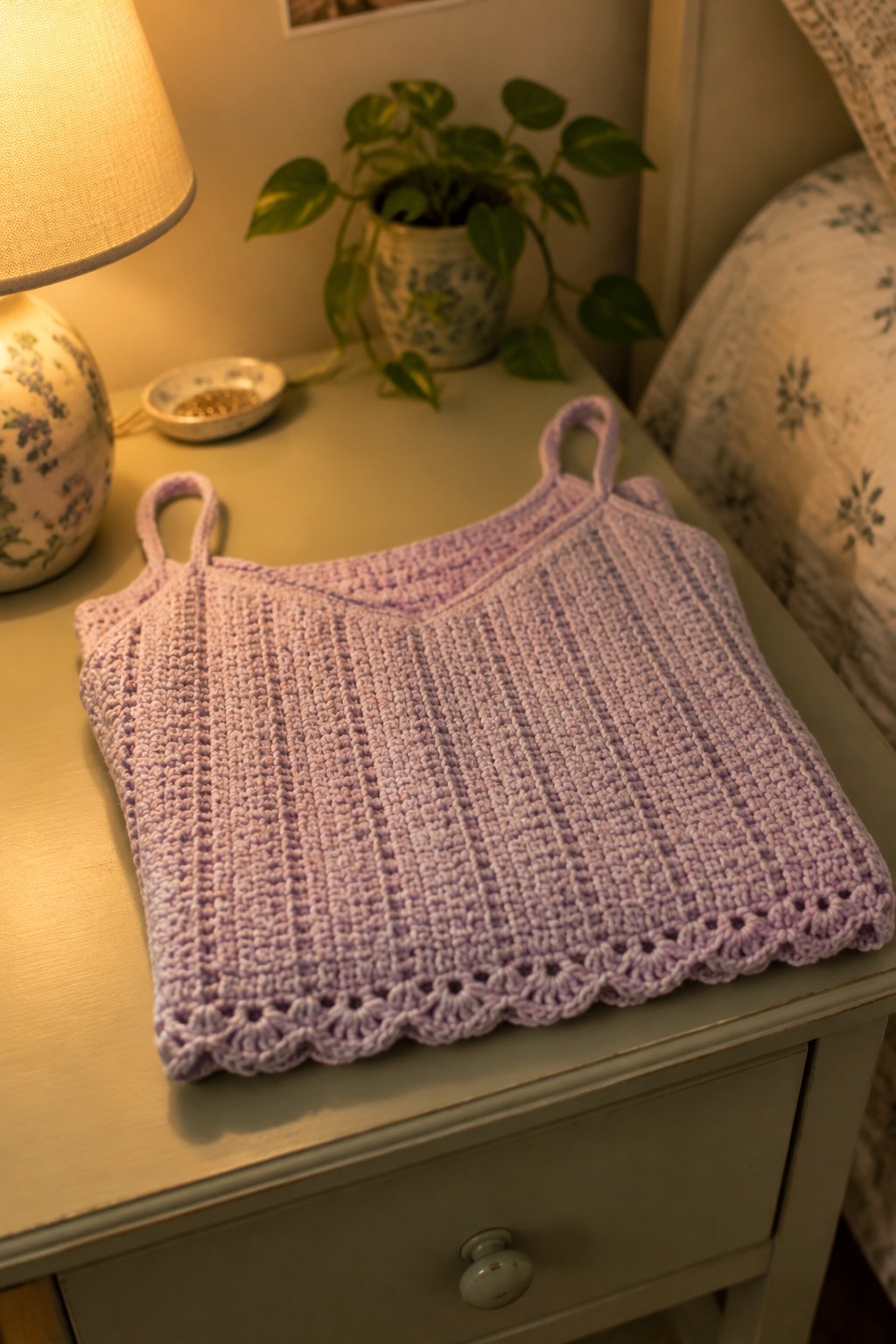Lavender crocheted camisole with scalloped hem on green nightstand near lamp and plant