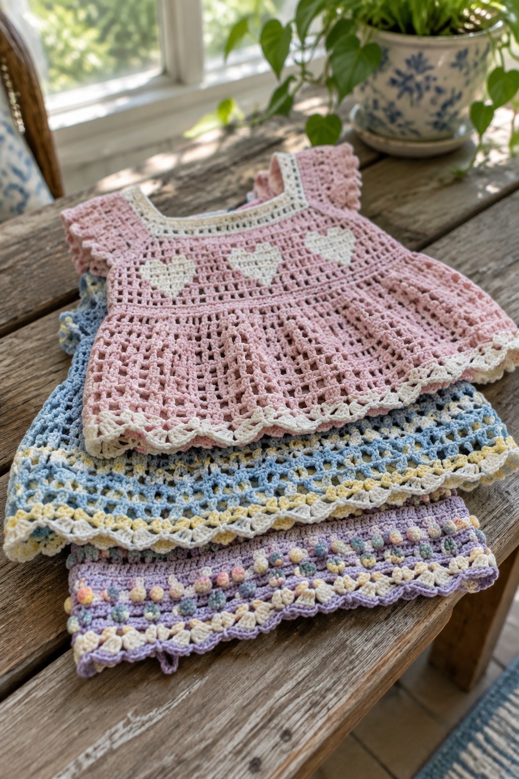 Stack of pastel crocheted baby dresses with hearts and pom-poms on wooden table