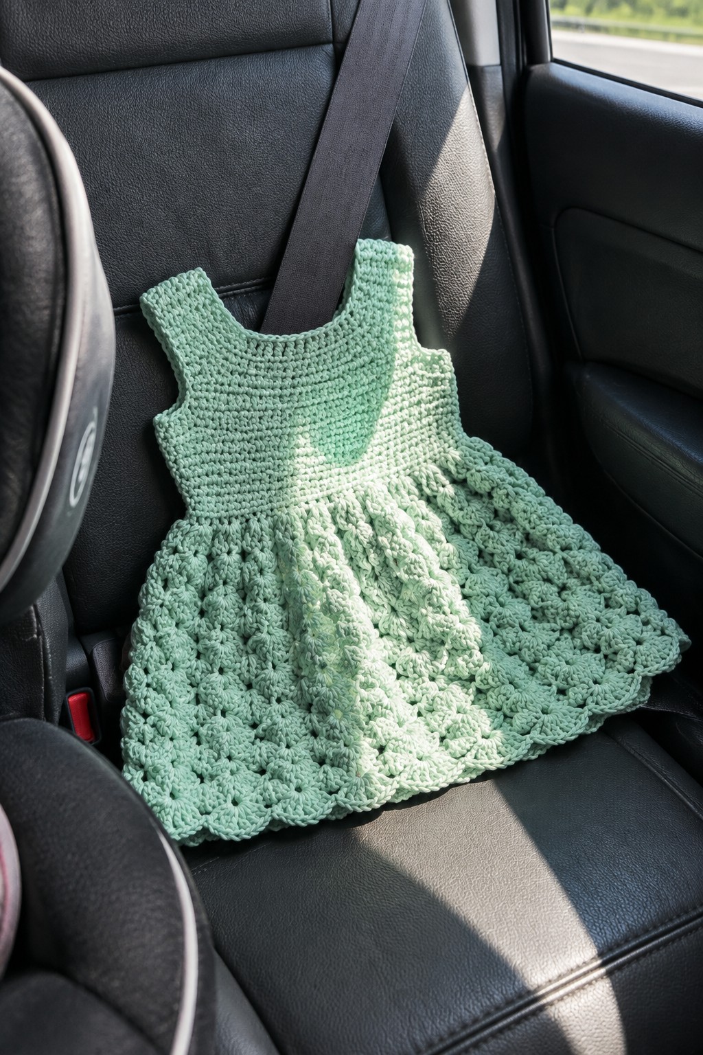 Mint green crocheted dress draped on black leather car seat with seatbelt
