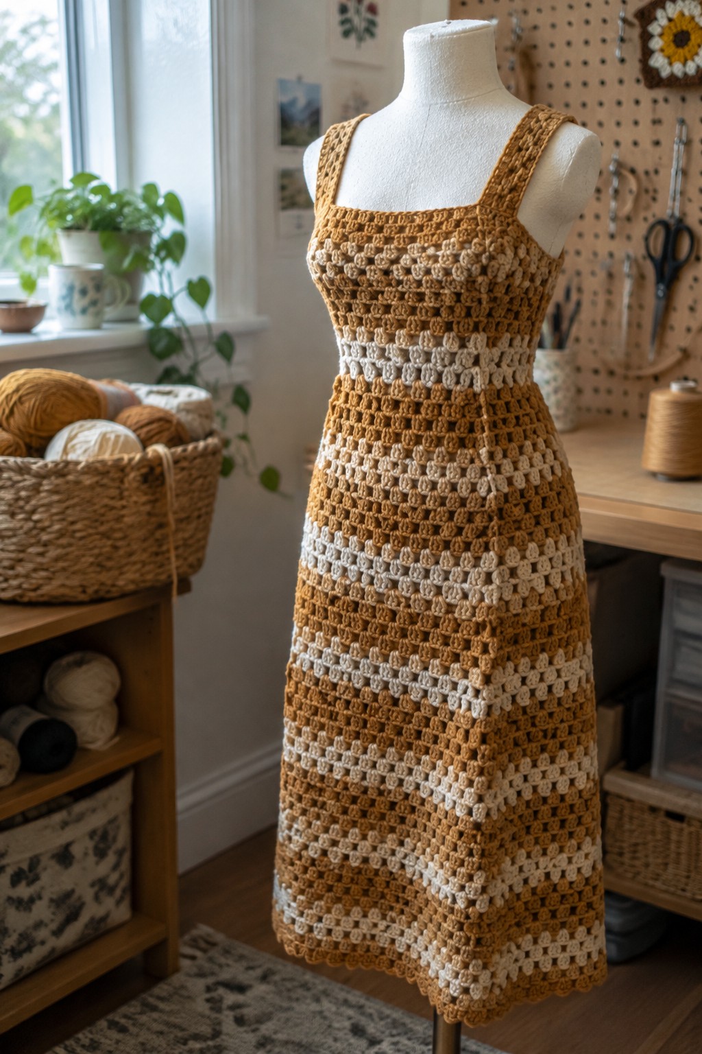 Mannequin in a mustard and cream granny square crochet dress in craft studio