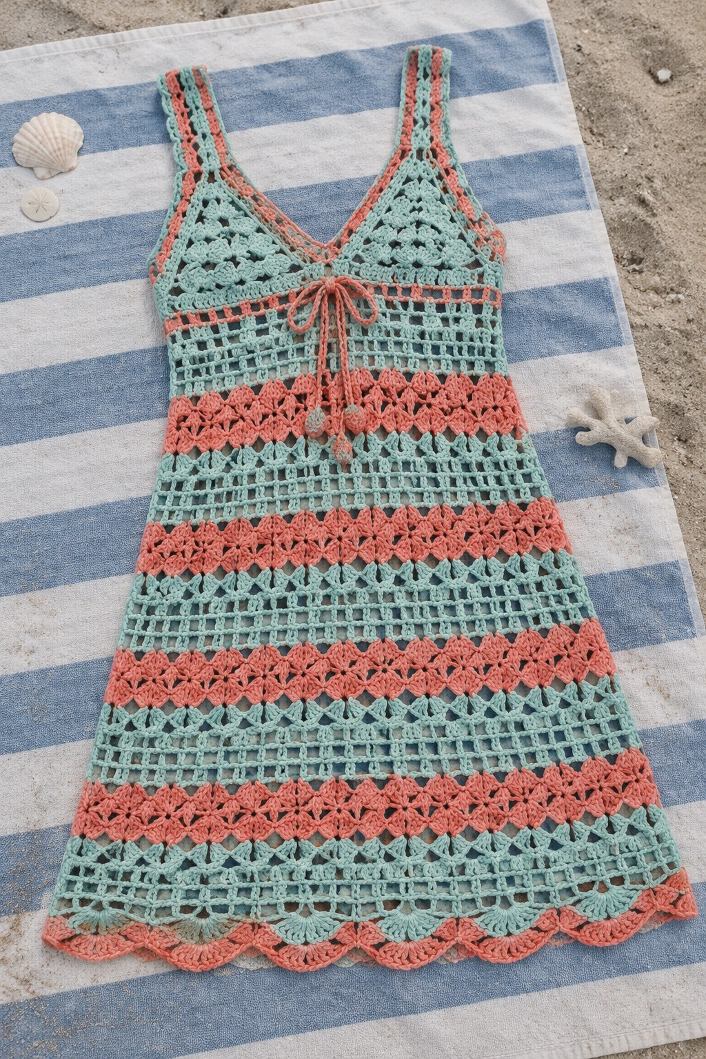 Mint green and coral crocheted sundress on striped towel with seashells on sand