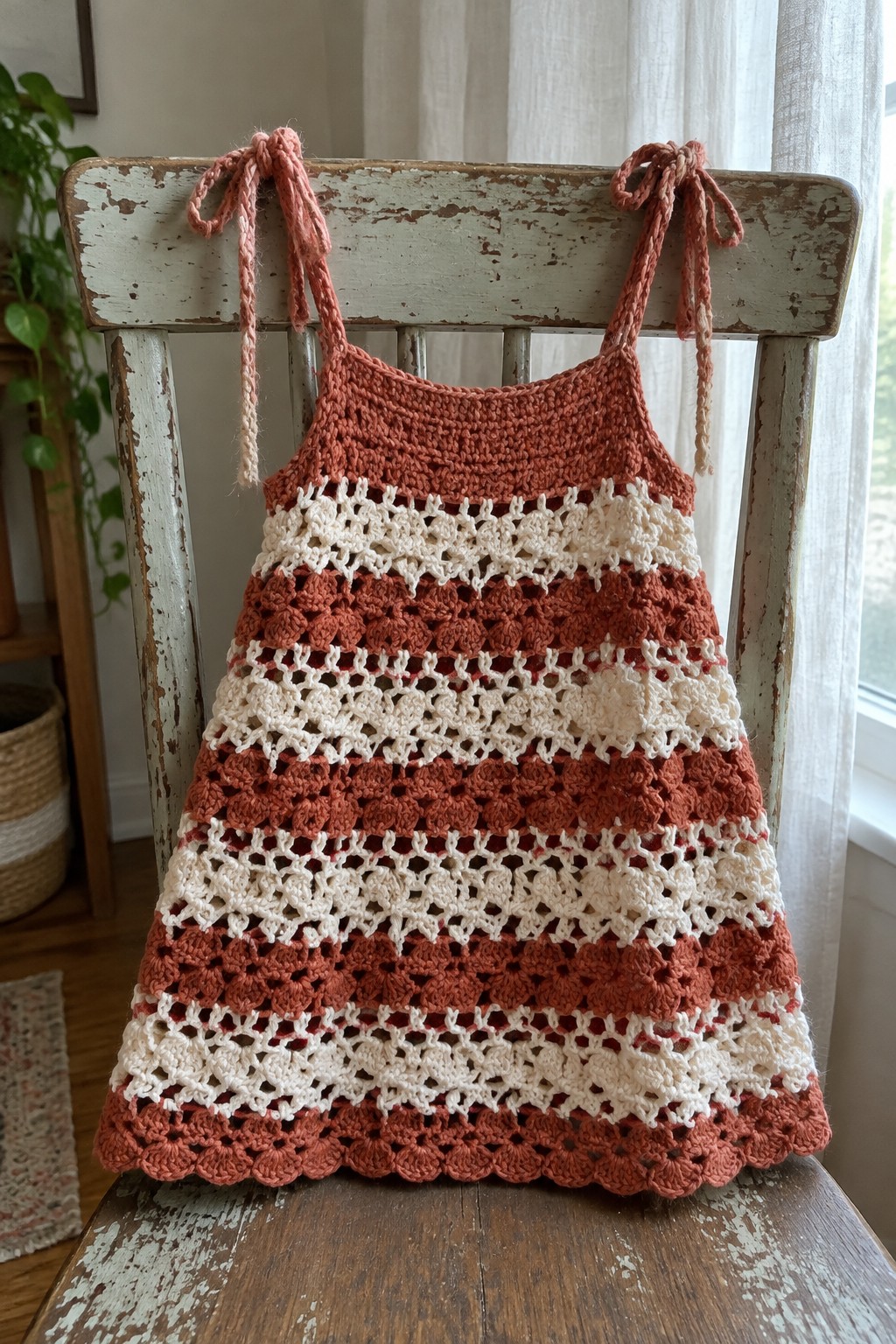 Rust and cream crocheted sundress with tie straps on wooden chair.