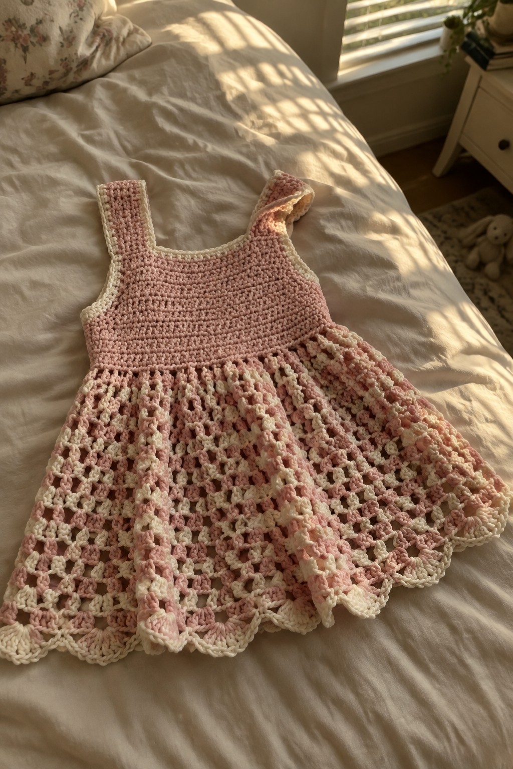 Pink and white crocheted dress with lacy skirt on sunlit bed