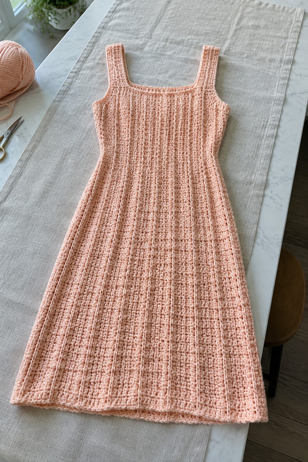 Peach ribbed crochet dress laid flat on table with yarn and scissors