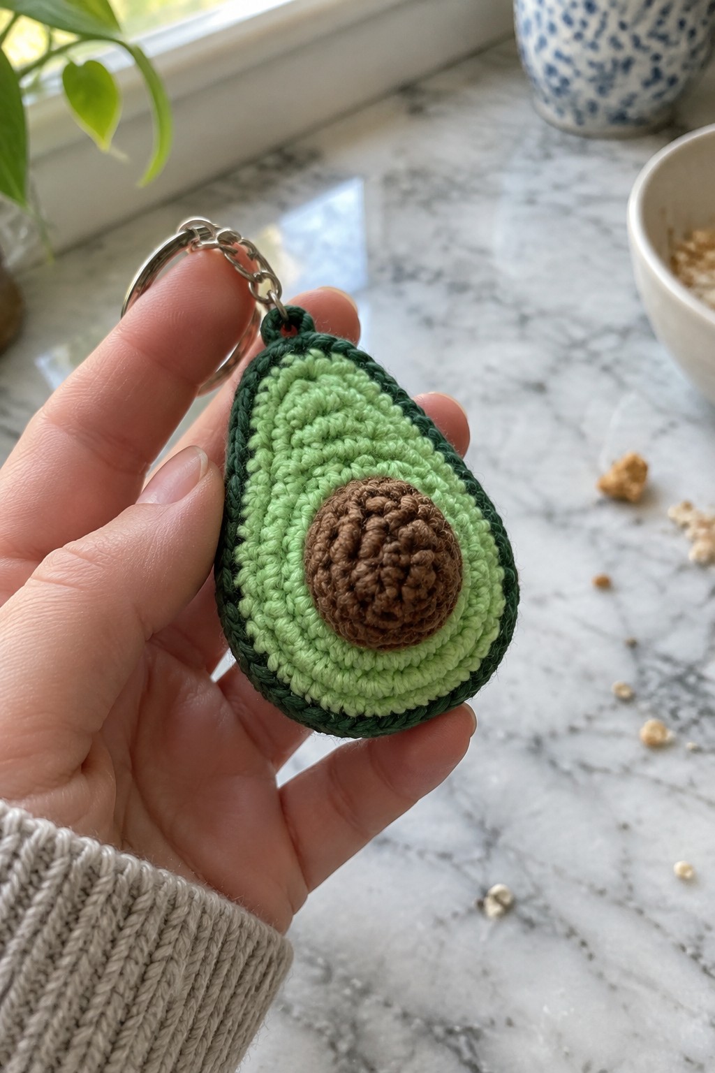 Hand in beige sweater holding crocheted avocado keychain on marble counter