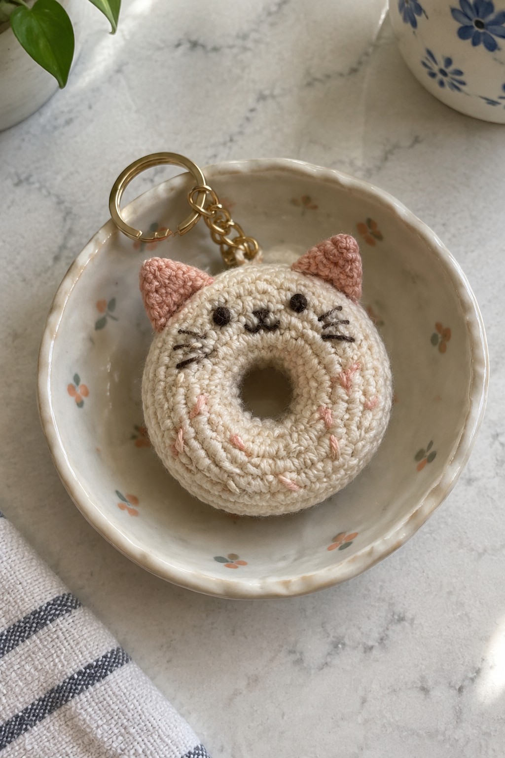 Crocheted beige cat donut keychain with pink ears in floral bowl on marble