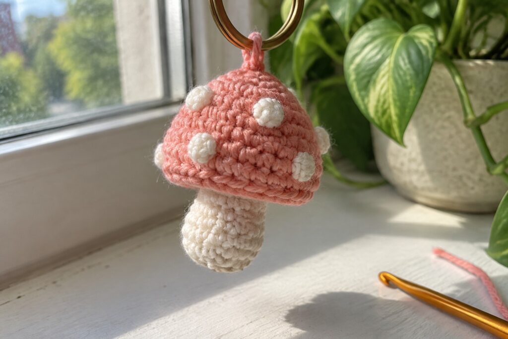 Hand holds pink crocheted mushroom keychain with white spots on gold ring
