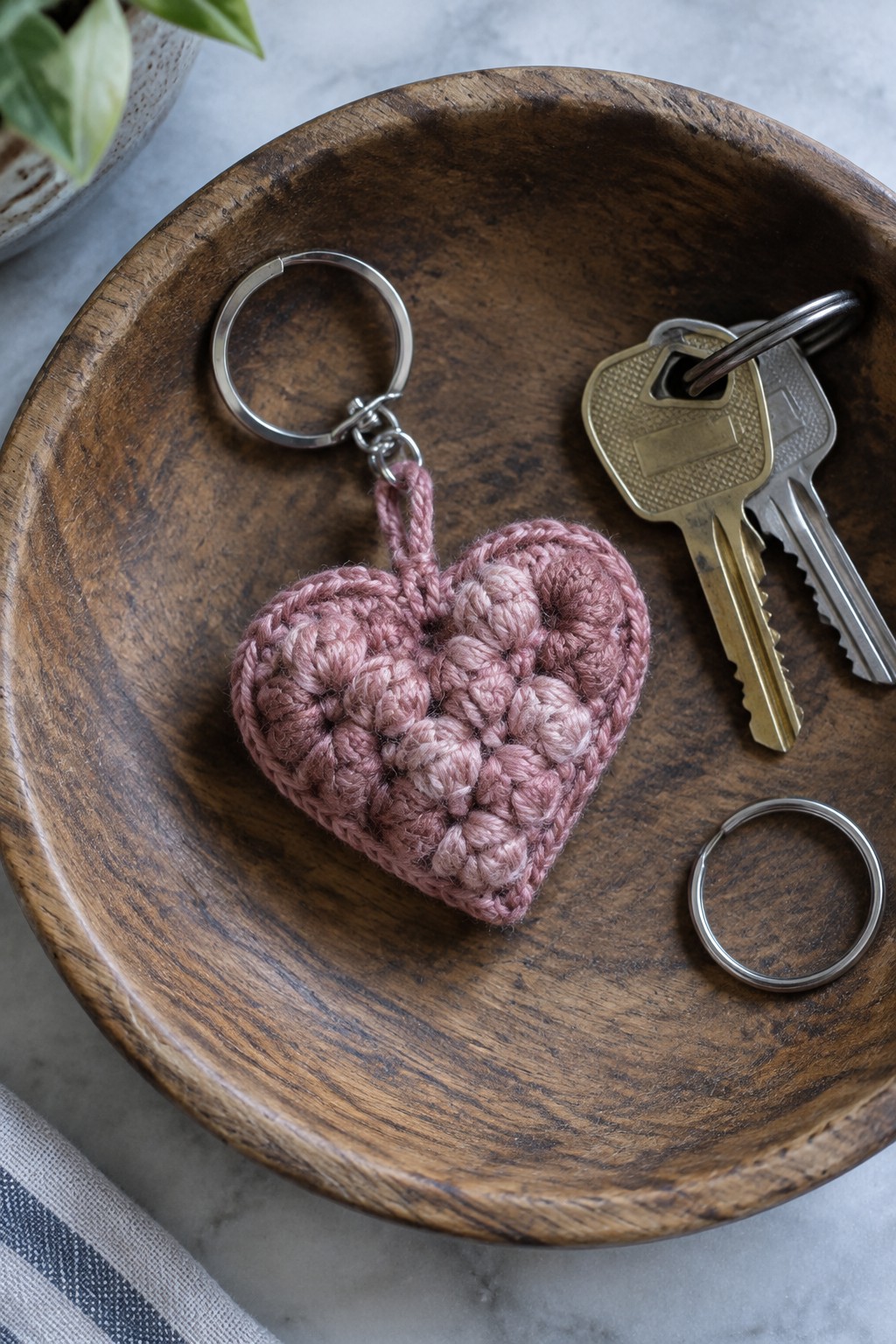 Pink crocheted heart keychain in wooden bowl beside brass keys on marble.