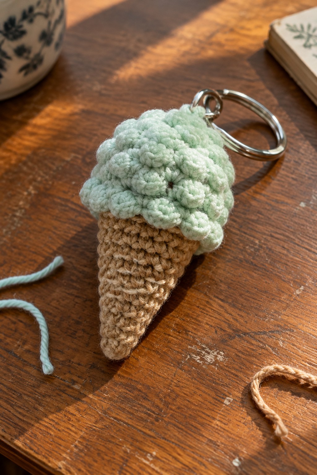 A crocheted ice cream cone keychain with a brown cone and light green scoops attached to a metal ring on a wooden table.