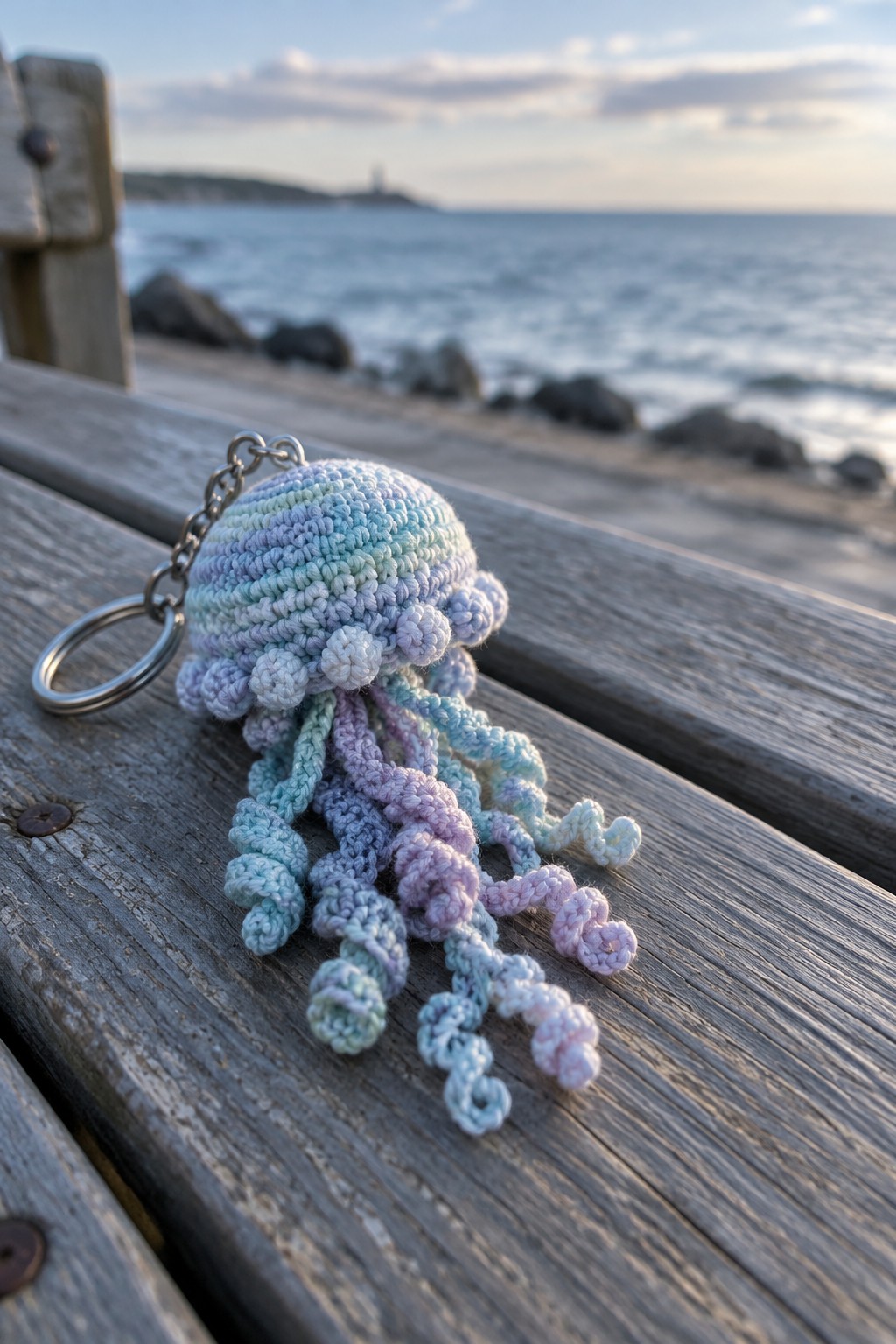 Pastel crocheted jellyfish keychain on wooden bench overlooking ocean at dusk