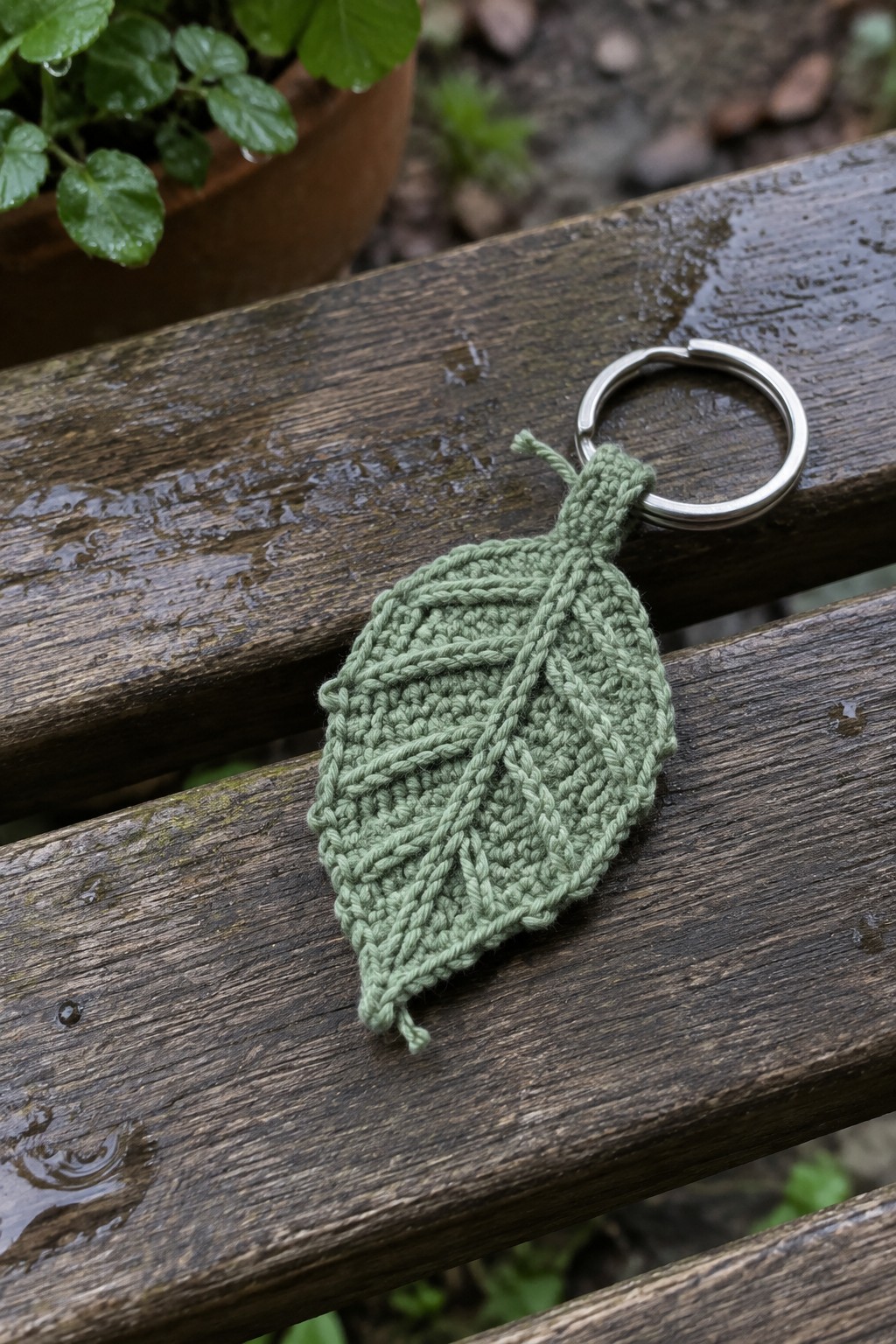 Knitted sage green leaf keychain with metal ring on wet wooden bench near plant
