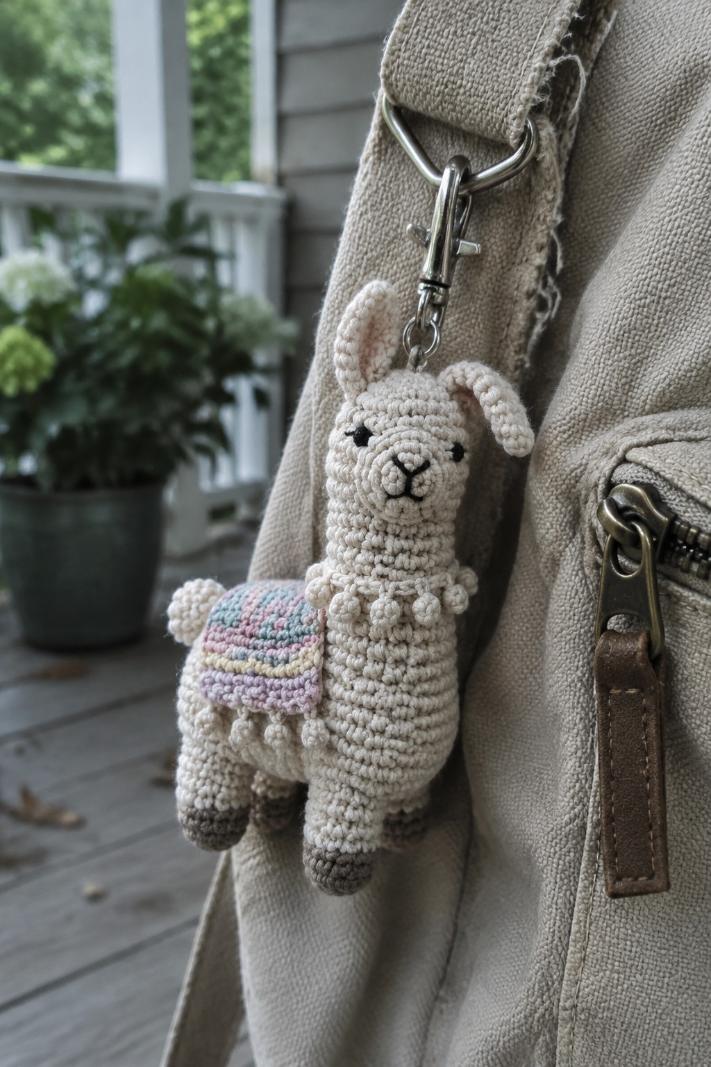 Crocheted llama keychain with pastel blanket on beige canvas bag outdoors.
