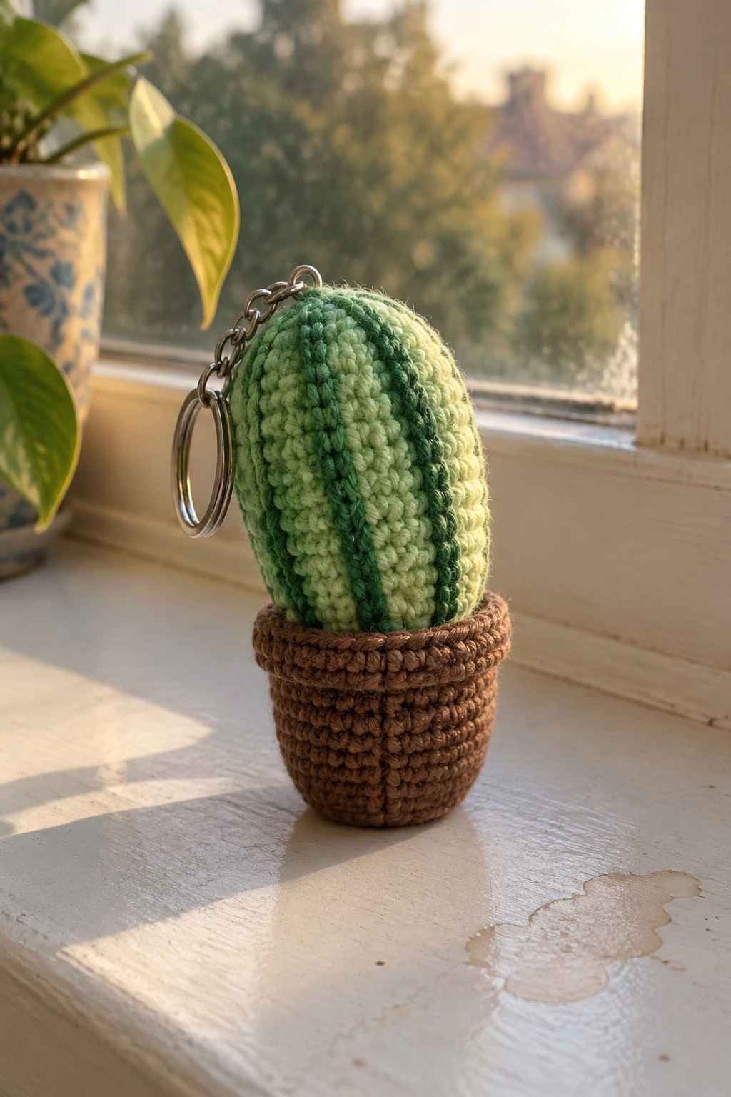 Striped green crocheted cactus keychain in brown pot on sunny windowsill