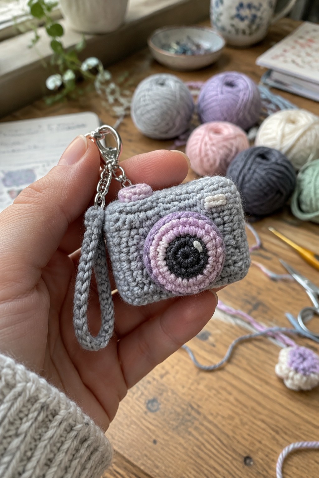 A hand holds a small gray crocheted camera keychain with a purple and black layered lens and short strap.