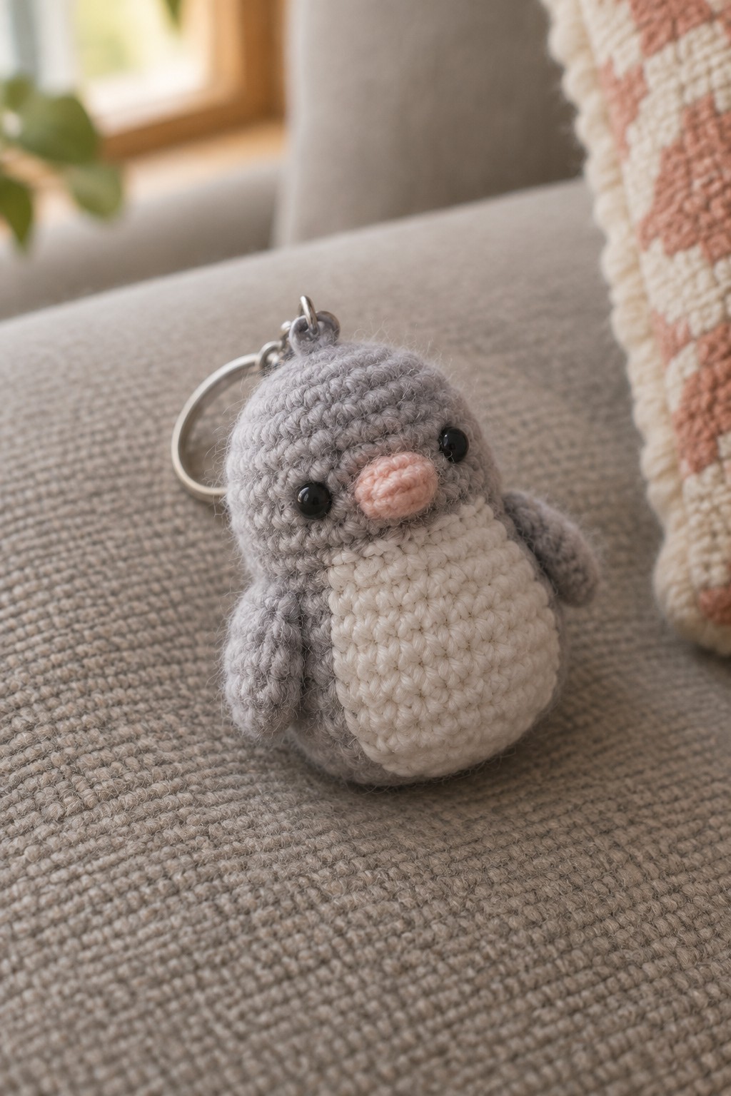 Tiny crocheted penguin keychain with gray body, white belly, and pink beak on fabric