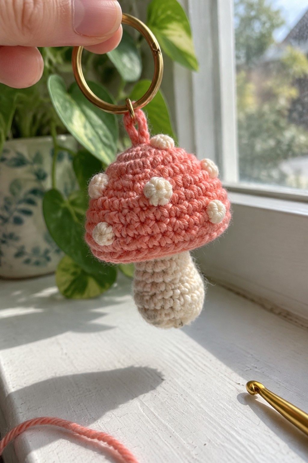 Hand holds pink crocheted mushroom keychain with white spots on gold ring