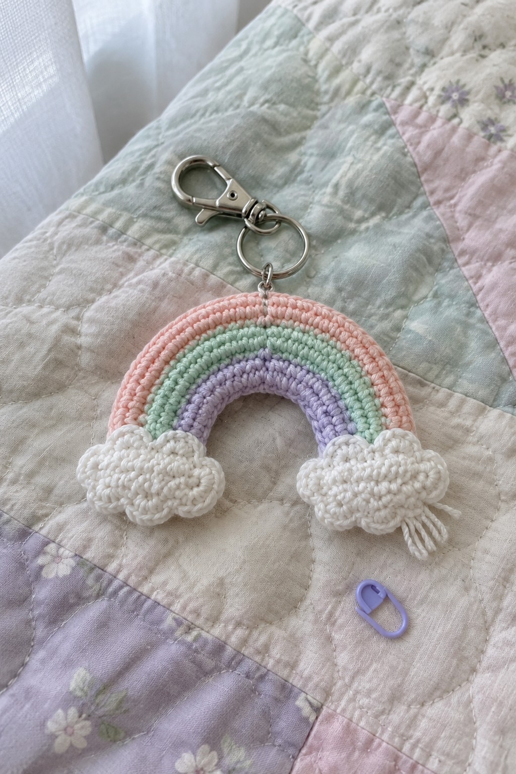 Crocheted pastel rainbow keychain with clouds on floral quilted blanket