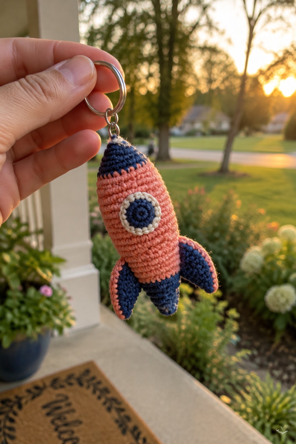 Hand holding crocheted coral rocket keychain with blue fins and porthole at sunset