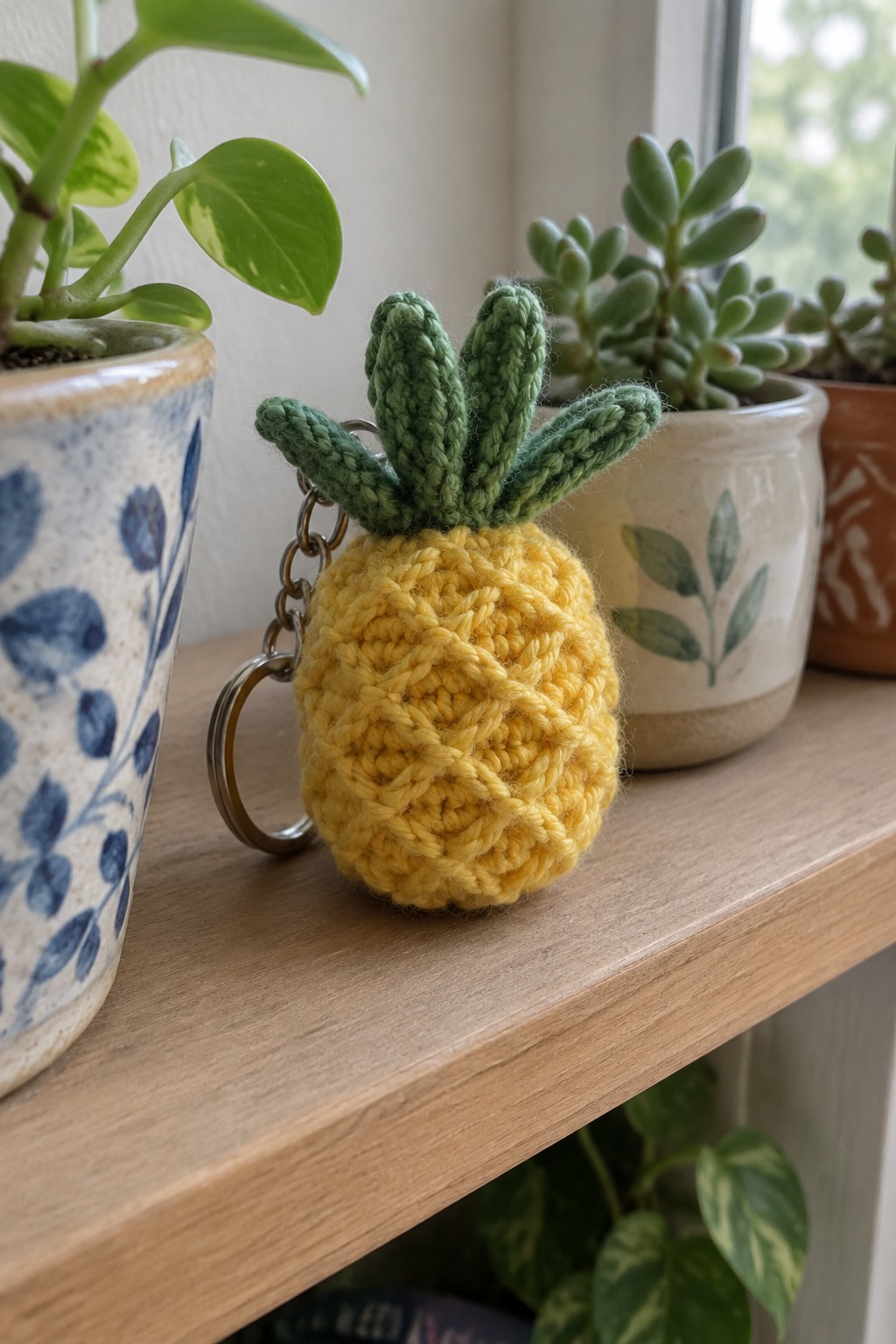 Knitted yellow pineapple keychain on wooden shelf beside potted houseplants