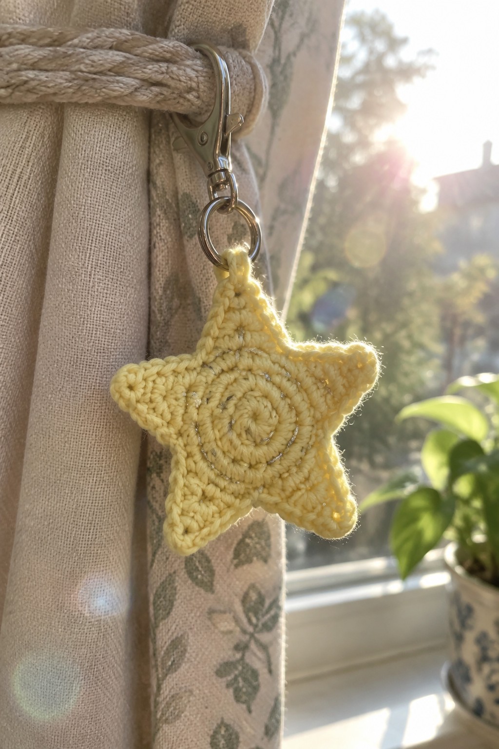 Yellow crocheted star keychain with sparkles hanging from beige leaf-patterned curtain