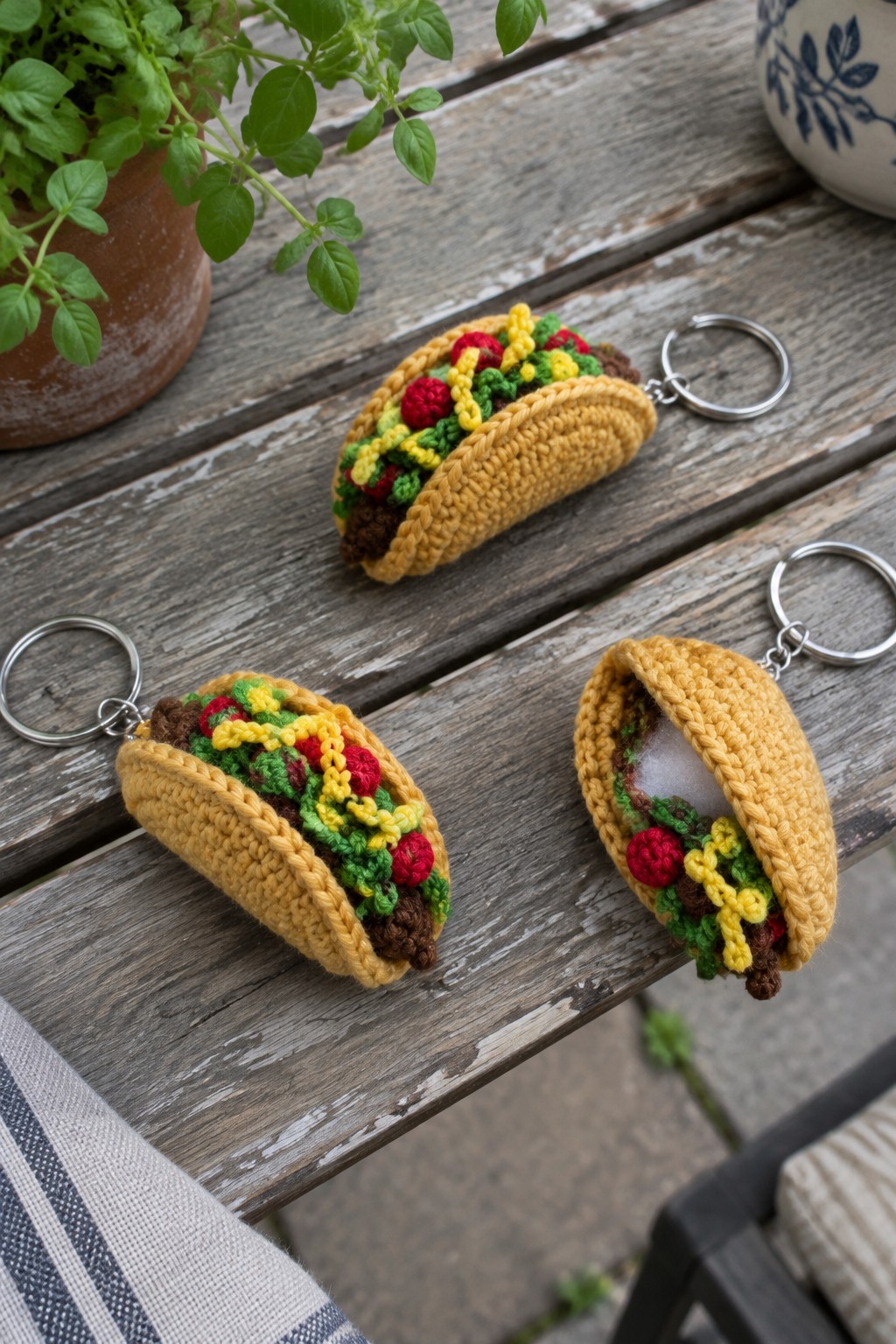 Three crocheted taco keychains with colorful fillings on wooden table.