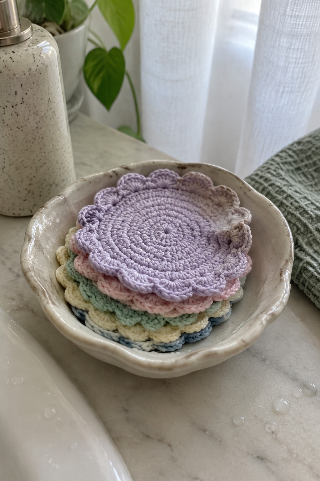 Stack of pastel crocheted coasters in a speckled ceramic bowl on marble
