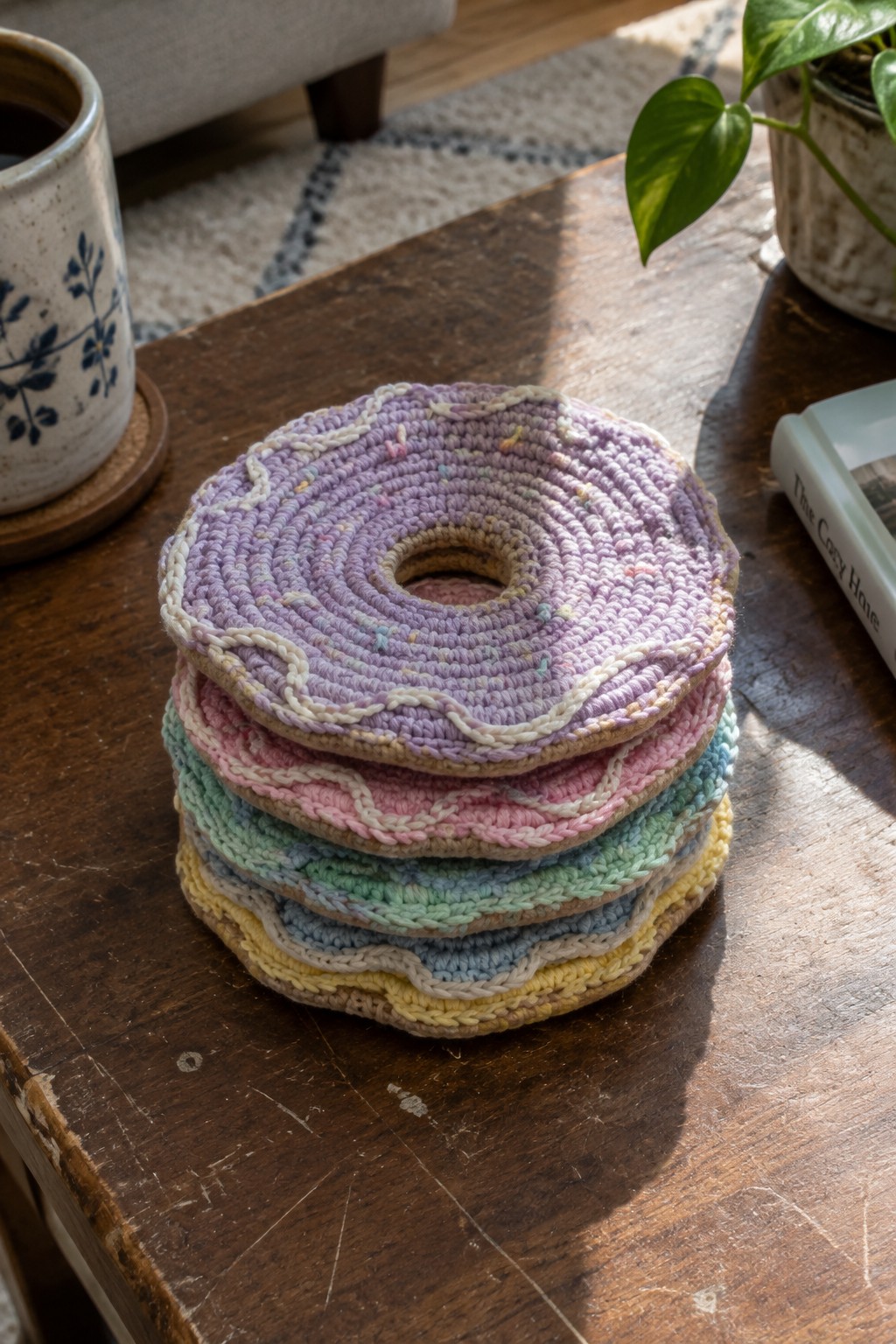 Stacked pastel crocheted coasters with wavy edges on wooden table