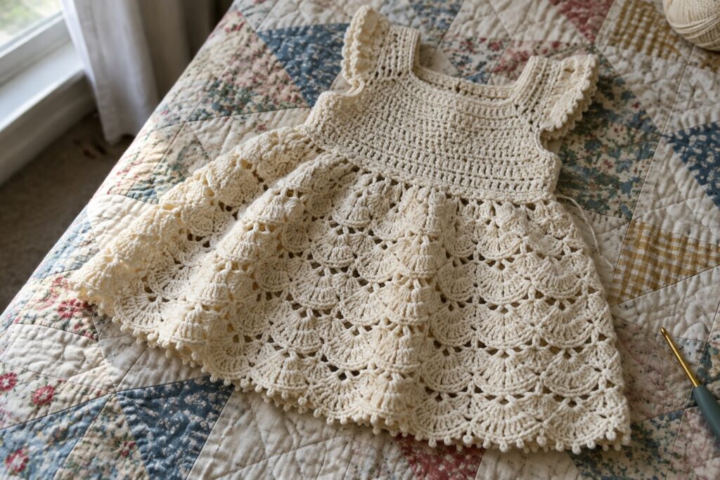 Cream crocheted child's dress with lacy skirt on floral patchwork quilt beside hook
