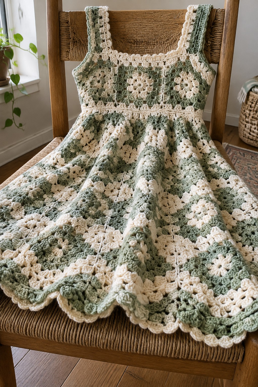 Sage green and cream crocheted granny square dress on wooden chair