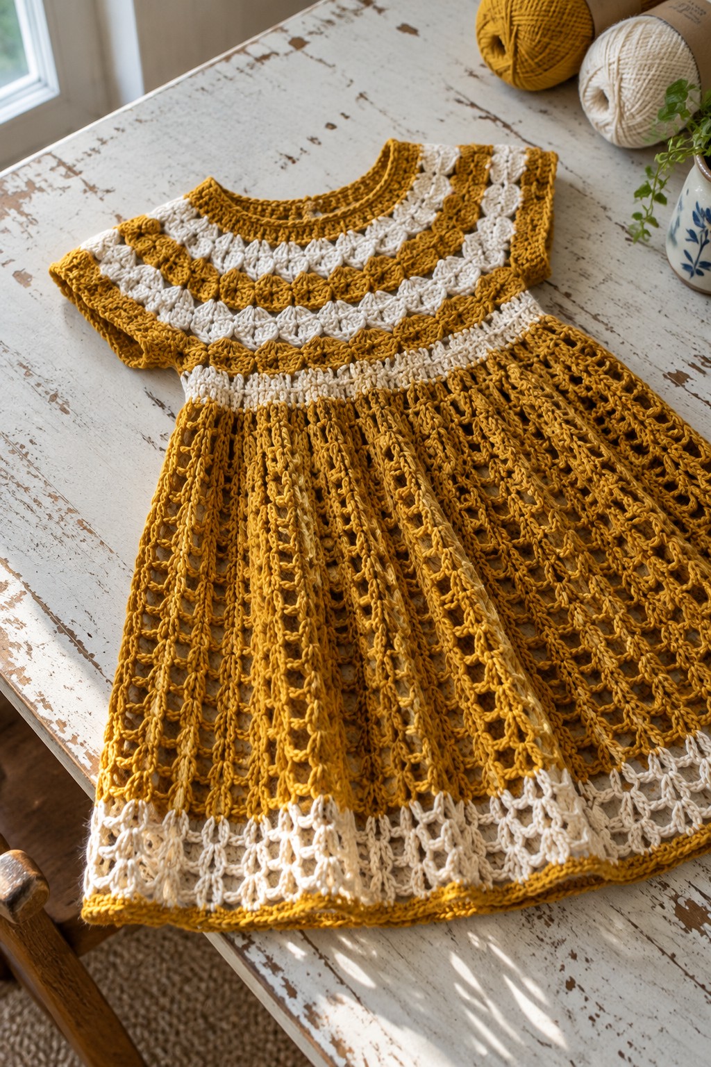 Yellow and white crocheted lace dress on rustic wooden table with yarn balls.