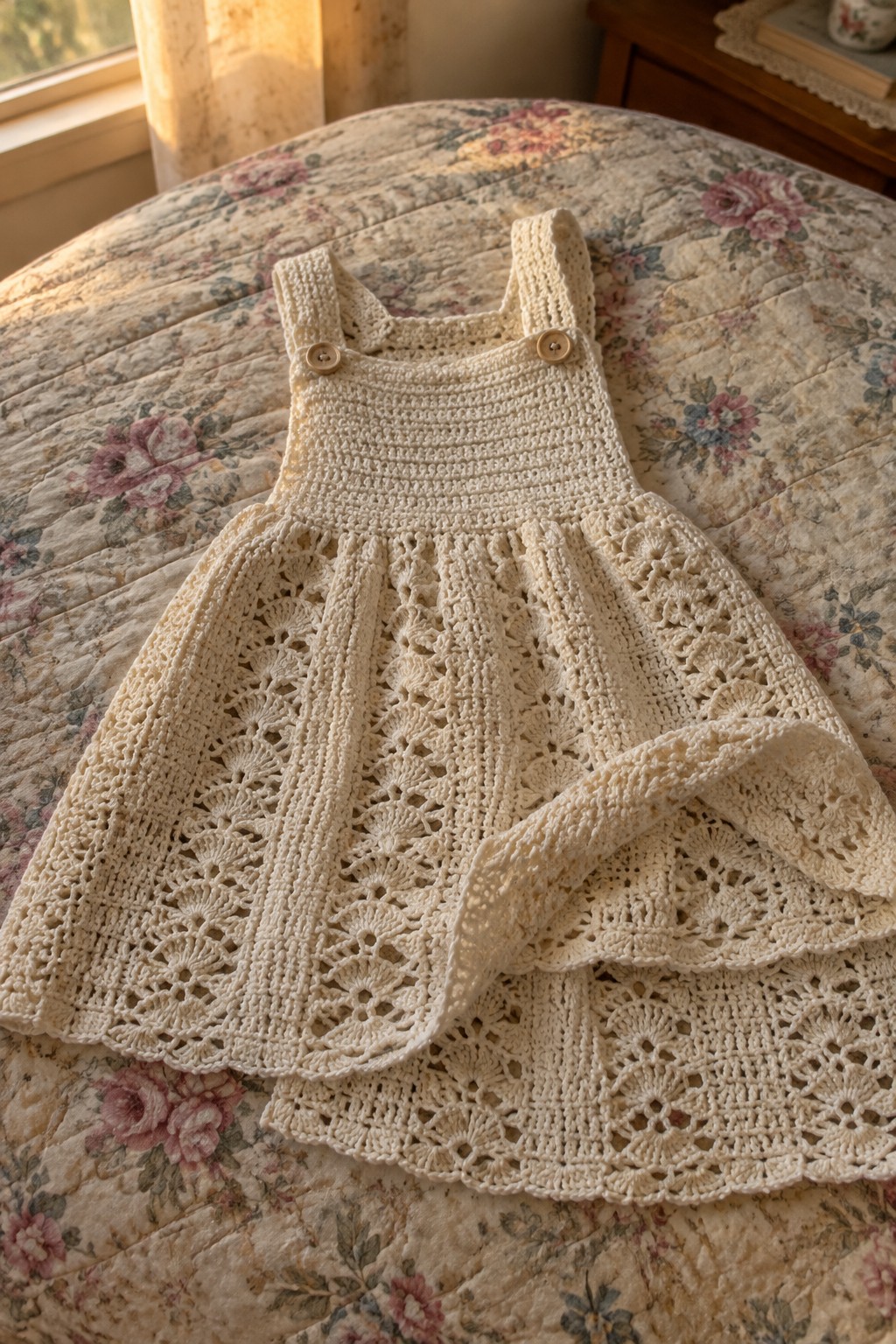 A cream crocheted child's pinafore dress with lace skirt and button straps lies on a floral quilt.