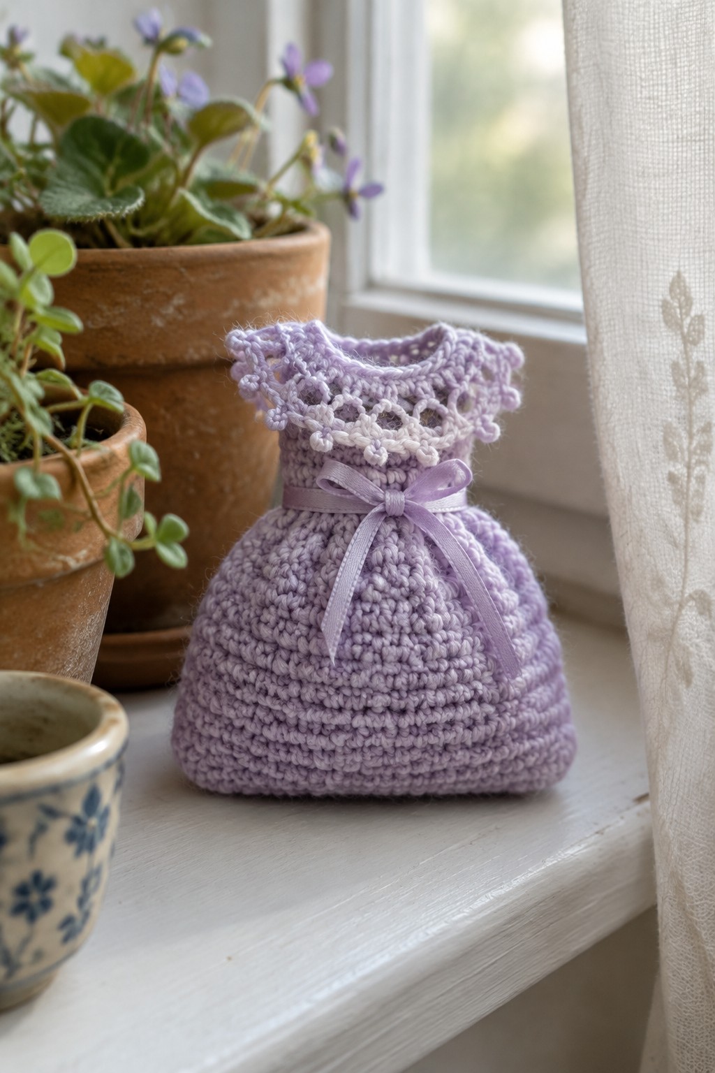 Crocheted lavender dress with white lace collar and ribbon on windowsill