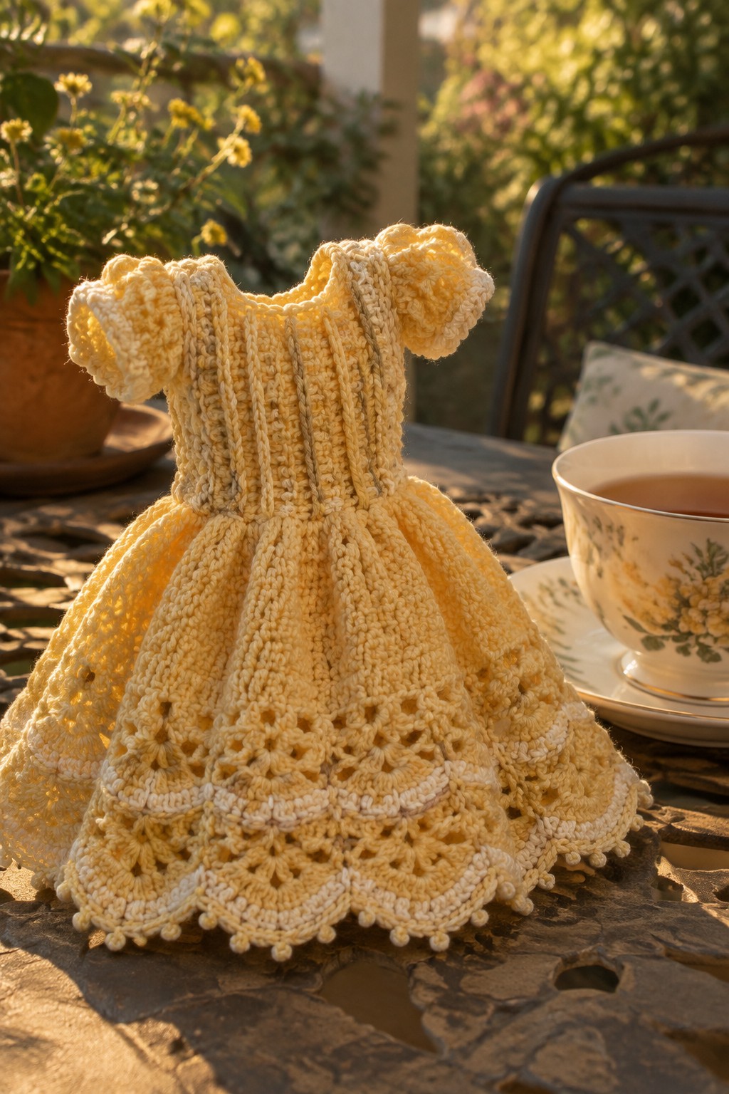 Yellow crocheted dress on patio table beside floral teacup in sunlight