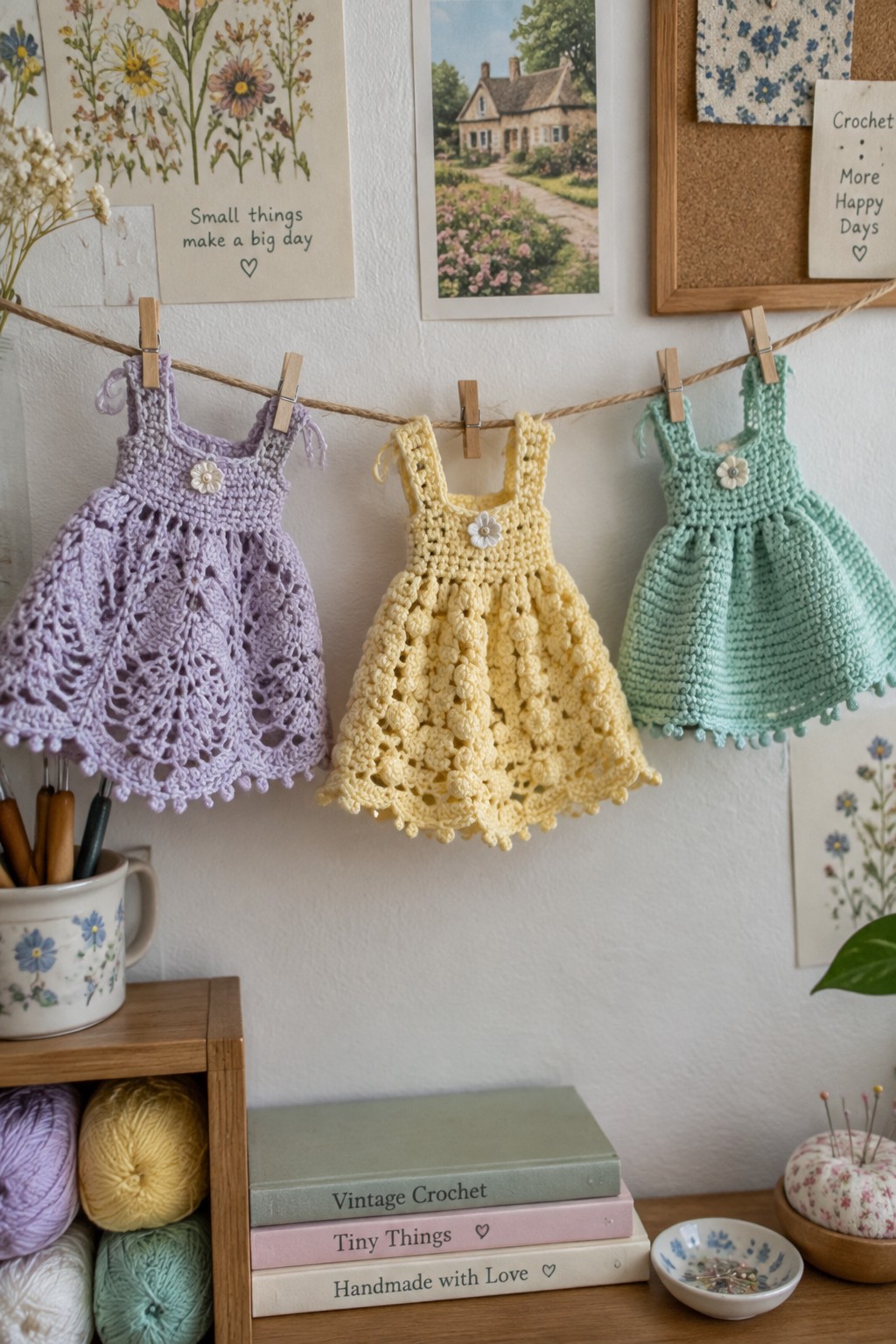 Pastel crocheted baby dresses hang above yarn, books, and crafting supplies