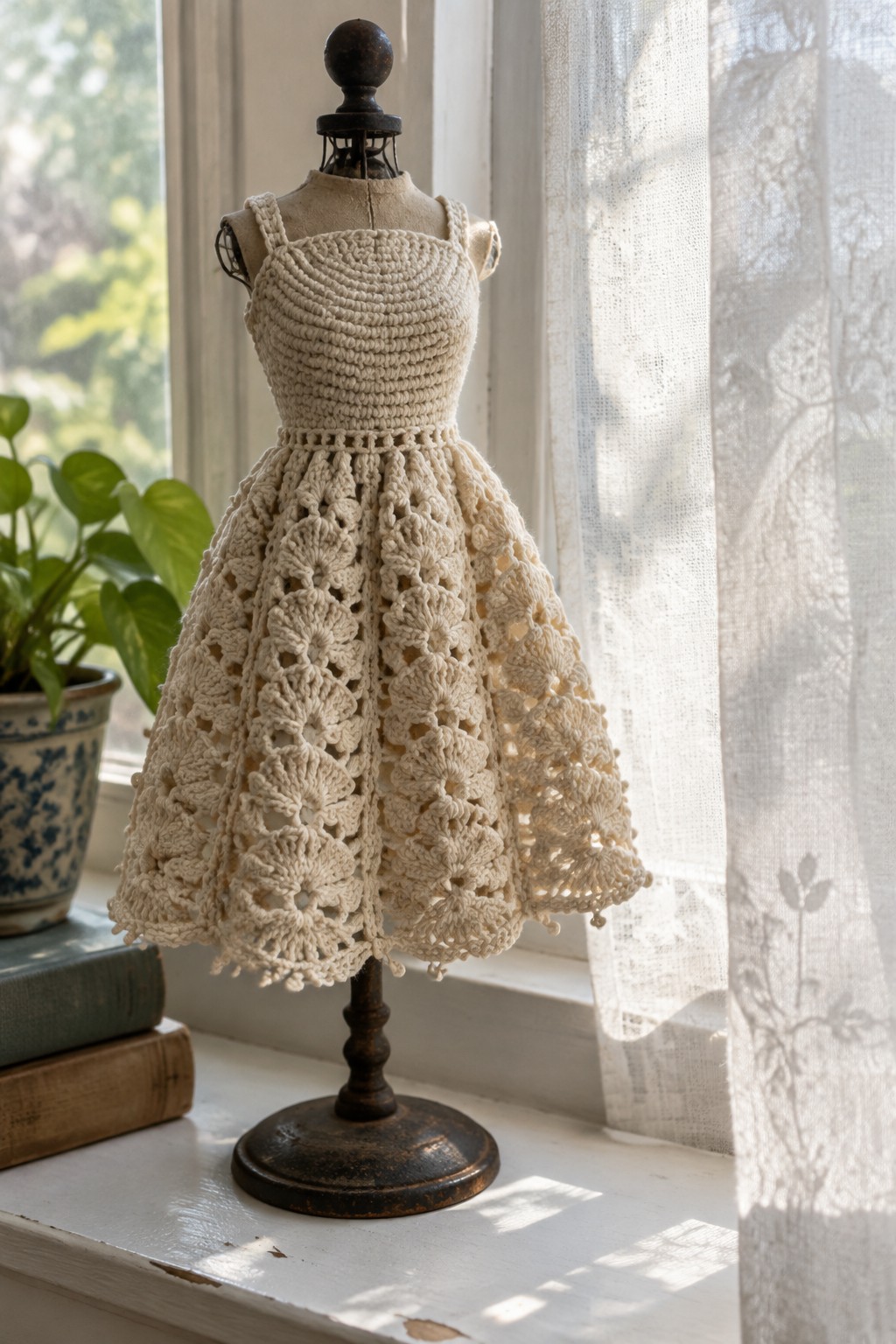 Vintage mannequin in cream crocheted dress with floral lace skirt on windowsill