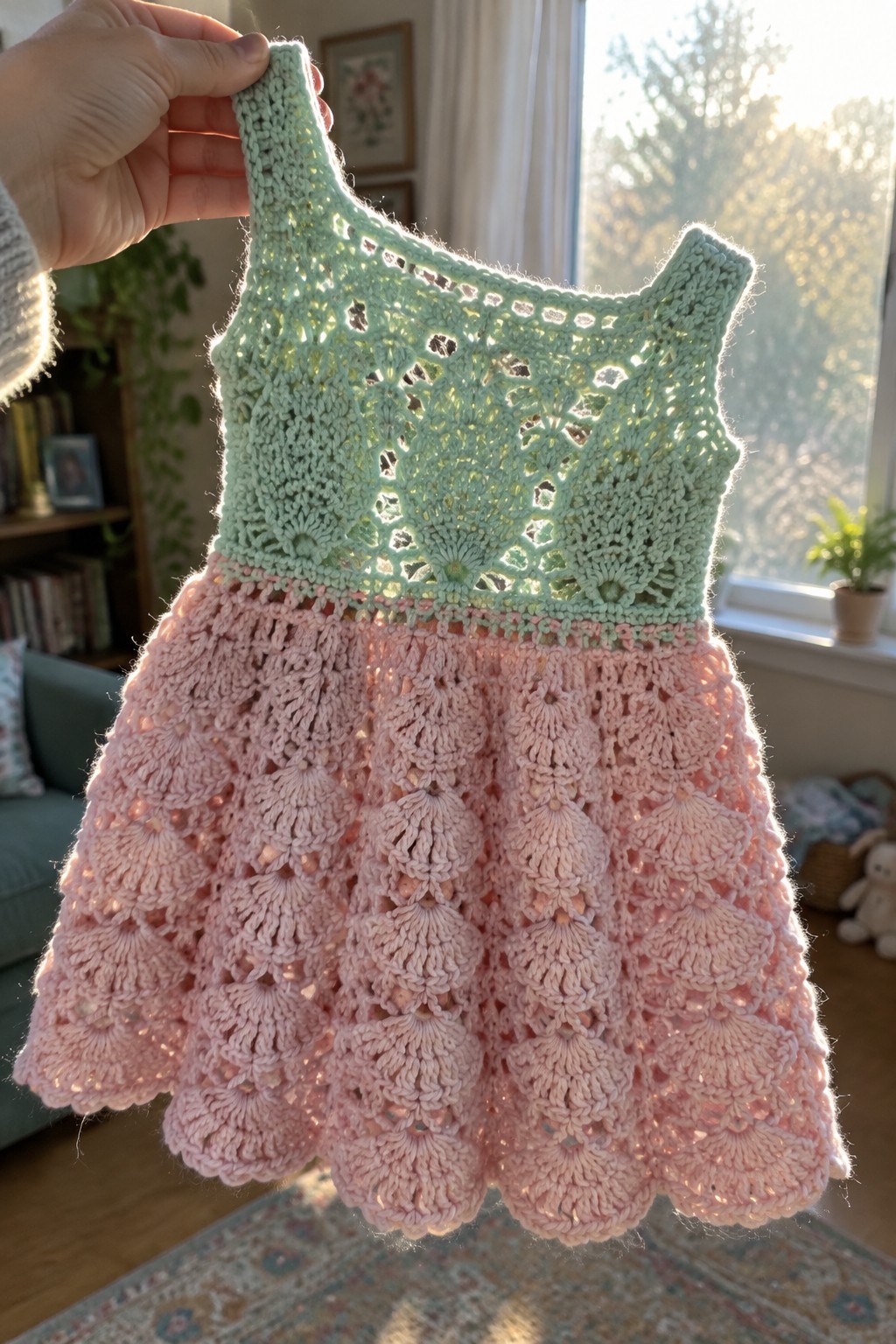 Hand holding crocheted mint green and pink child's dress in sunlight