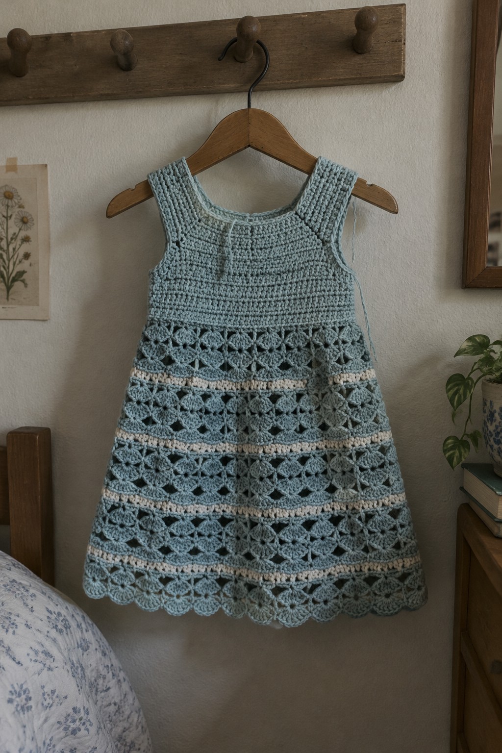 Light blue crocheted dress with white stripes on wooden hanger from peg rack